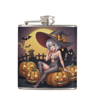 Halloween Hot Anime Witch on Jack-O-Lantern Hip Flask