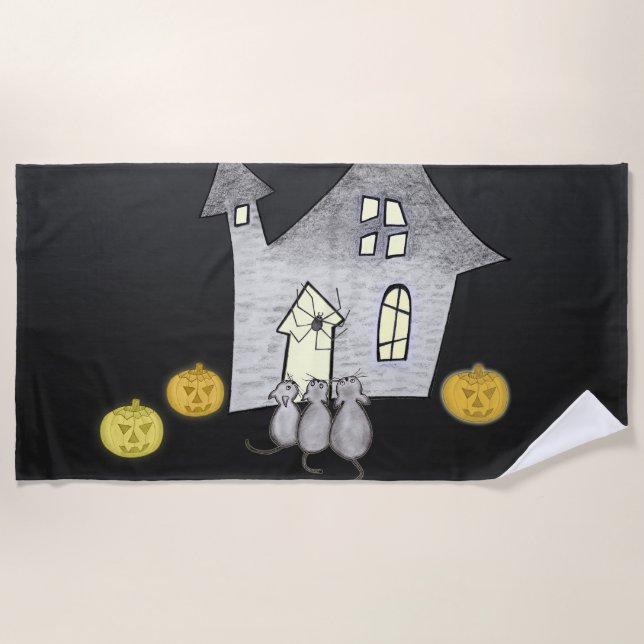 Halloween House, Black Cats, Bats, Pumpkins Beach Towel (Front)