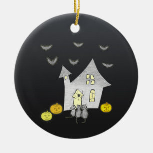 Halloween House, Black Cats, Bats, Pumpkins Ceramic Ornament