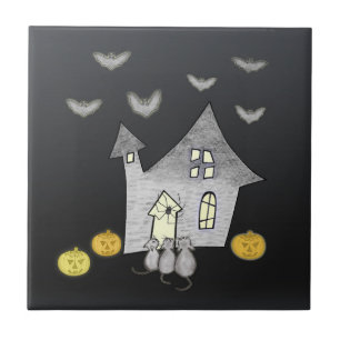 Halloween House, Black Cats, Bats, Pumpkins Ceramic Tile