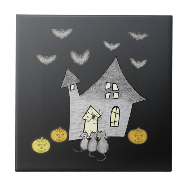 Halloween House, Black Cats, Bats, Pumpkins Ceramic Tile (Front)