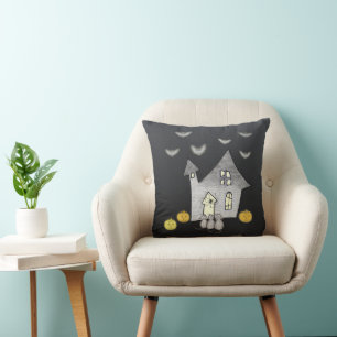 Halloween House, Black Cats, Bats, Pumpkins Cushion