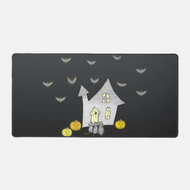 Halloween House, Black Cats, Bats, Pumpkins Desk Mat (Front)