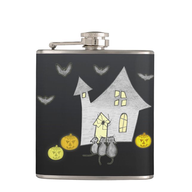 Halloween House, Black Cats, Bats, Pumpkins Hip Flask (Front)