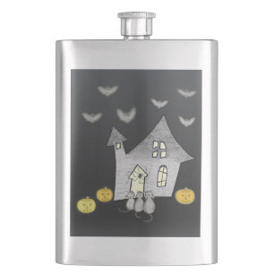 Halloween House, Black Cats, Bats, Pumpkins Hip Flask