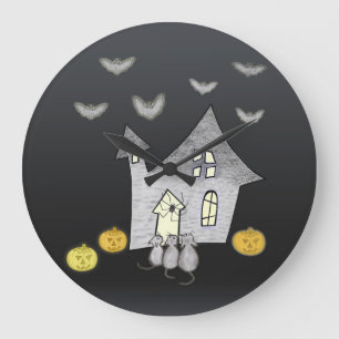 Halloween House, Black Cats, Bats, Pumpkins Large Clock