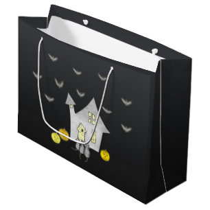 Halloween House, Black Cats, Bats, Pumpkins Large Gift Bag
