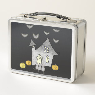Halloween House, Black Cats, Bats, Pumpkins Metal Lunch Box