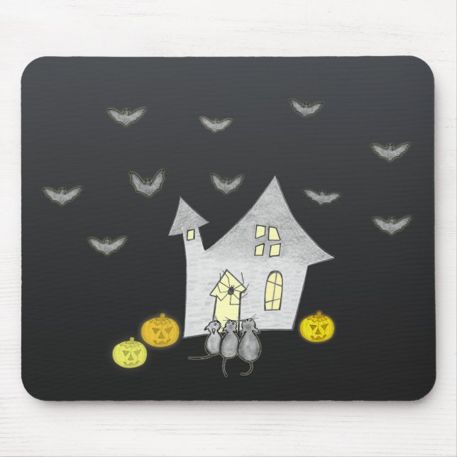 Halloween House, Black Cats, Bats, Pumpkins Mouse Pad (Front)