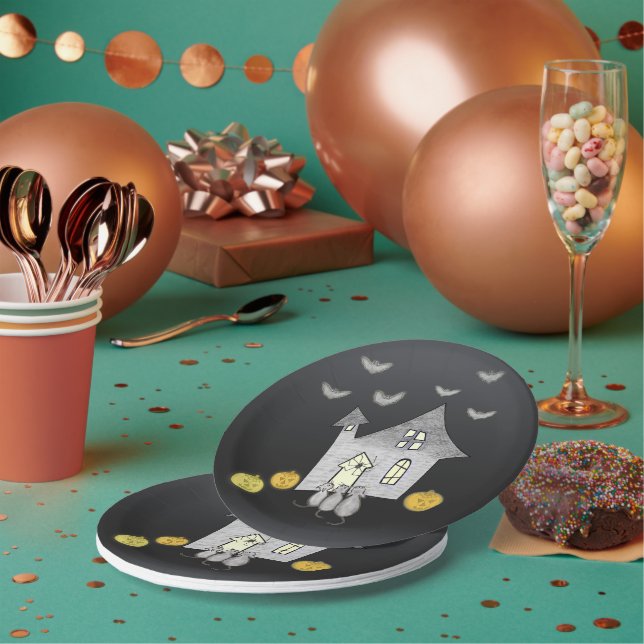 Halloween House, Black Cats, Bats, Pumpkins Paper Plate (Multi)
