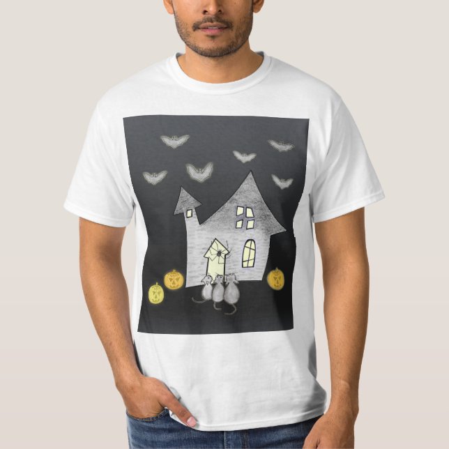 Halloween House, Black Cats, Bats, Pumpkins T-Shirt (Front)