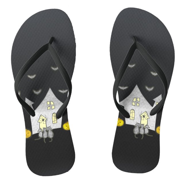 Halloween House, Black Cats, Bats, Pumpkins Thongs (Footbed)