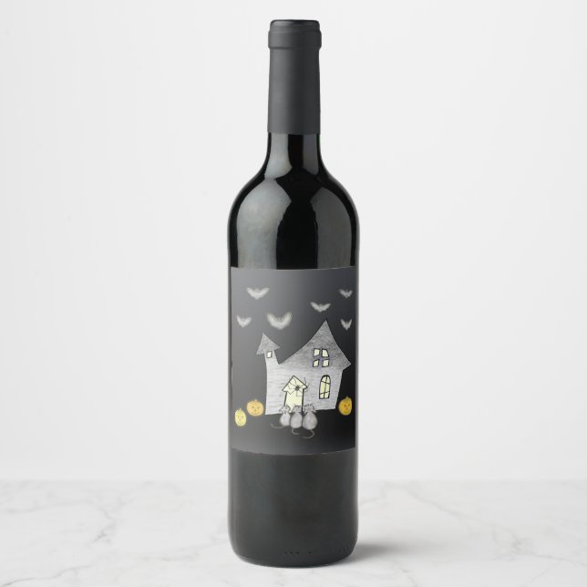 Halloween House, Black Cats, Bats, Pumpkins Wine Label (Front)
