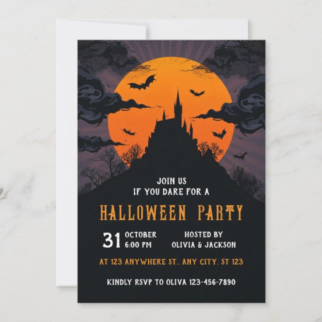 Halloween House, Moon, Bat, Night Party Invitation (Front)