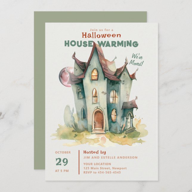 Halloween House Warming New Home Pink Moon Art Invitation (Front/Back)