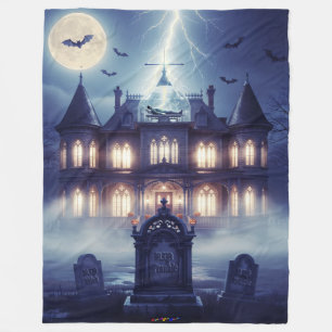 Halloween House With Frankie, Dark Blue  Fleece Blanket