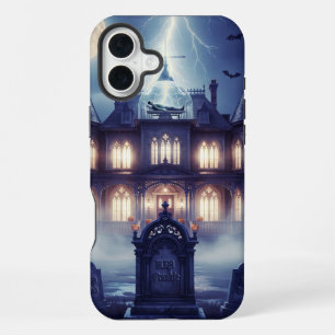 Halloween House With Frankie, Dark Blue iPhone 16 Plus Case