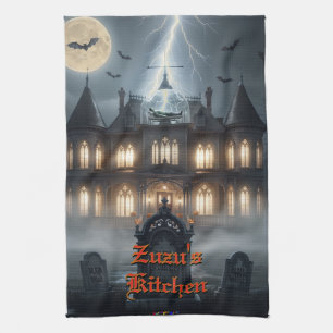 Halloween House With Frankie, Dark Grey Tea Towel