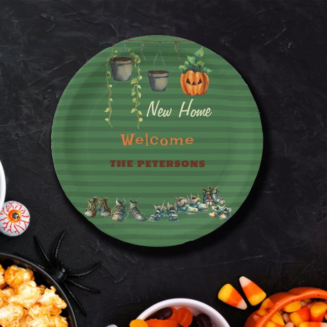 Halloween Housewarming Party Gremlin Shoes Green Paper Plate (fun halloween personalized plate welcome housewarming party green gremlin shoes plants funny cute)