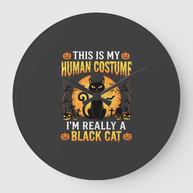 Halloween Human Costume Black Cat Graveyard Large Clock (Front)