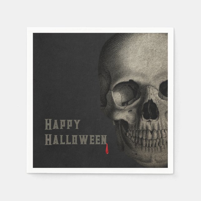 Halloween Human  Skull Etching Black Napkin (Front)
