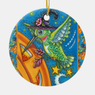 HALLOWEEN HUMMINGBIRD & JACK O LANTERN WHIMSY CERAMIC ORNAMENT