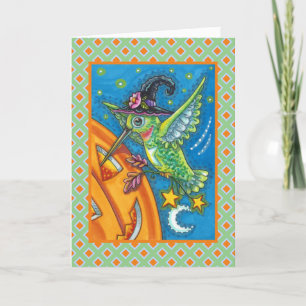 HALLOWEEN HUMMINGBIRD & JACK O LANTERN WHIMSY HOLIDAY CARD