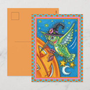 HALLOWEEN HUMMINGBIRD & JACK O LANTERN WHIMSY HOLIDAY POSTCARD