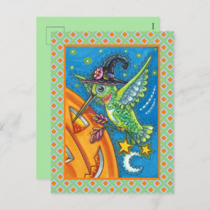 HALLOWEEN HUMMINGBIRD & JACK O LANTERN WHIMSY HOLIDAY POSTCARD