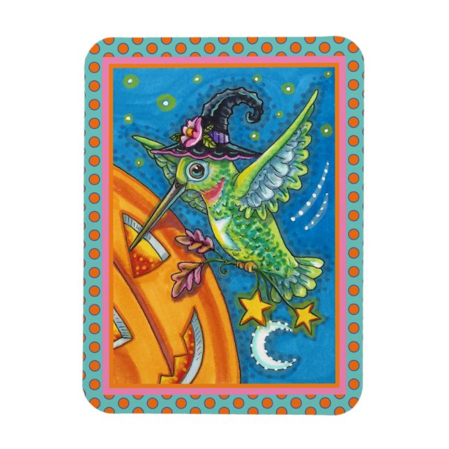 HALLOWEEN HUMMINGBIRD & JACK O LANTERN WHIMSY MAGNET (Vertical)