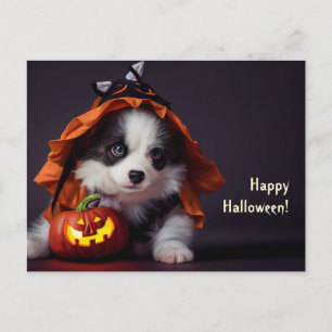 Halloween Hund. Welpe mit Kürbissen. Niedlich. Postcard