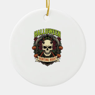 Halloween Hunting Night Horned Skull Roses Pumpkin Ceramic Ornament