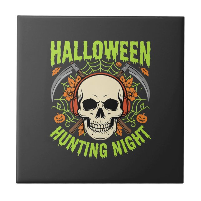 Halloween Hunting Night Skull Scythe Vector Design Ceramic Tile (Front)