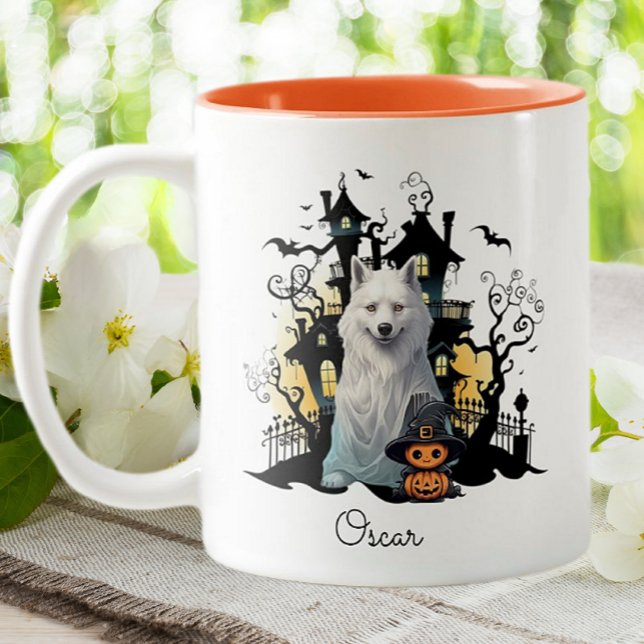 Halloween Husky Ghost Haunted House Personalised Two-Tone Coffee Mug (Creator Uploaded)