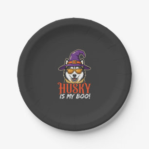 Halloween Husky Is My Boo Witch Hat Paper Plate