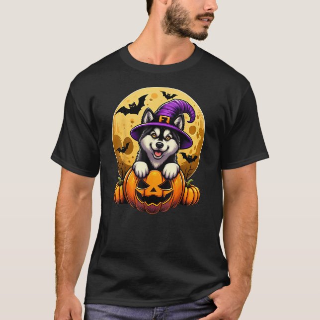 Halloween Husky Witch Hat Pumpkin Dog Lover Men Wo T-Shirt (Front)