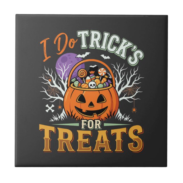 Halloween I Do Tricks for Treats Pumpkin Ceramic Tile (Front)