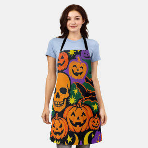 Halloween Icons Apron, Spooky Pumpkin Face & Skull Apron