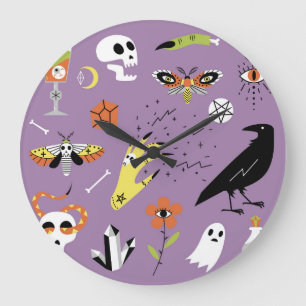 Halloween icons, hand-drawn vintage set. large clock