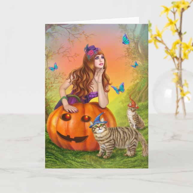 Halloween illustration A beautiful witch with cats Card (Yellow Flower)