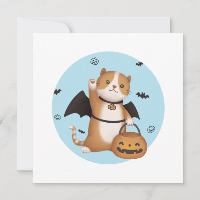 Halloween Illustration: Bat Cat Card (Front)