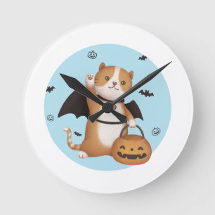 Halloween Illustration: Bat Cat Round Clock