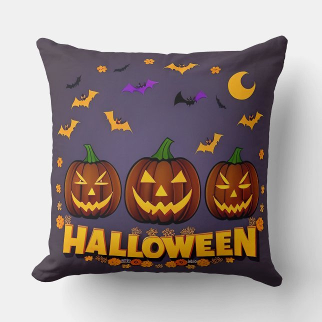 Halloween Illustration Featuring Jack-o'-Lanterns Cushion (Front)