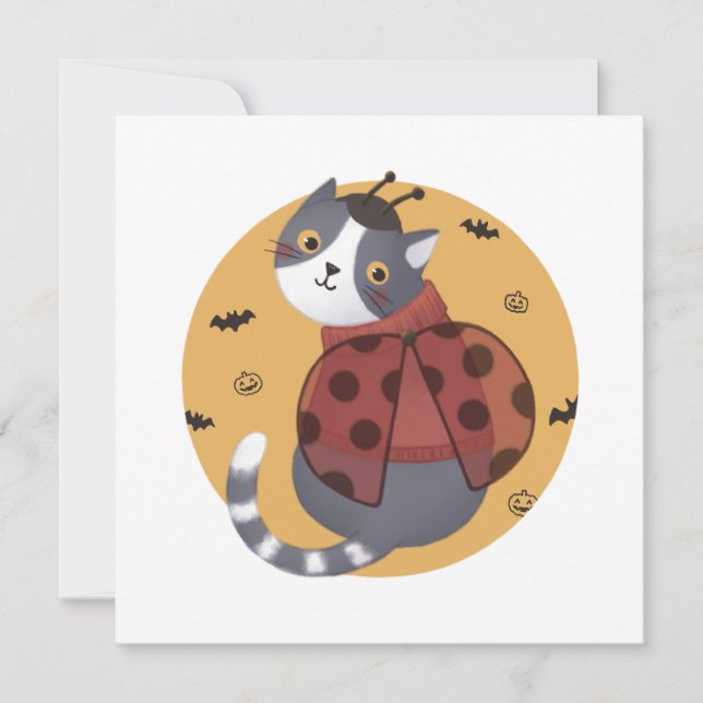 Halloween Illustration: Ladybug Cat Card (Front)