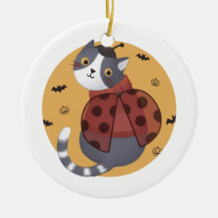 Halloween Illustration: Ladybug Cat Ceramic Ornament