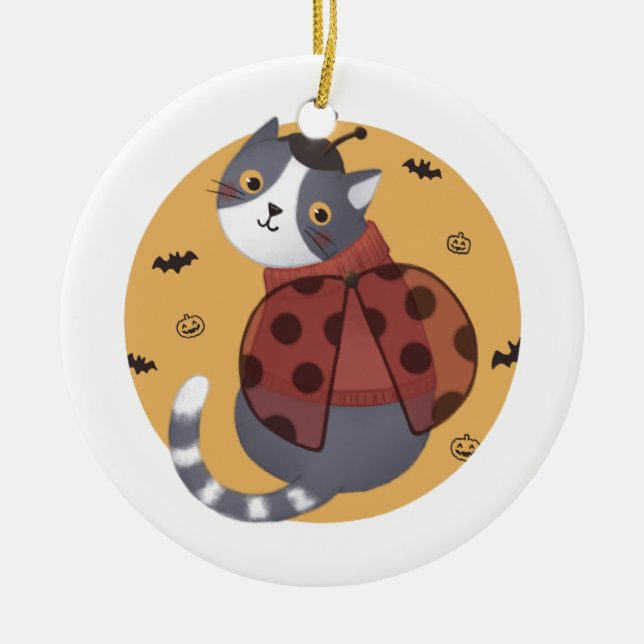 Halloween Illustration: Ladybug Cat Ceramic Ornament (Front)