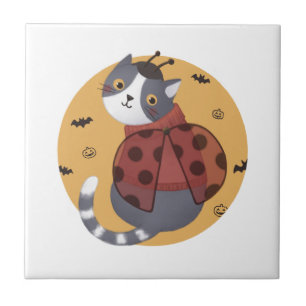 Halloween Illustration: Ladybug Cat Ceramic Tile