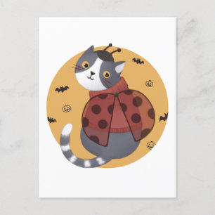 Halloween Illustration: Ladybug Cat Postcard