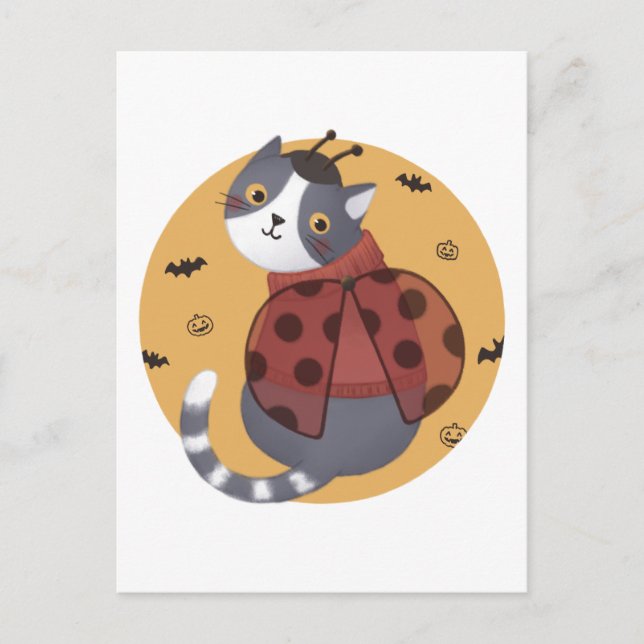Halloween Illustration: Ladybug Cat Postcard (Front)