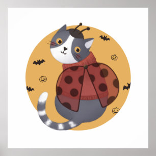 Halloween Illustration: Ladybug Cat Poster